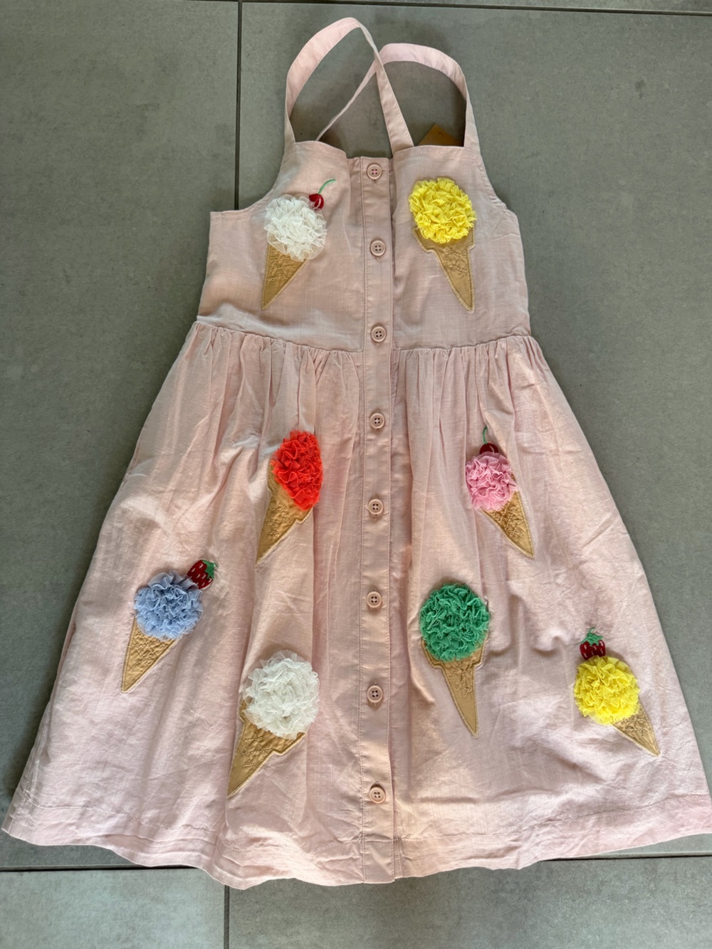 NWT- Mini Boden Light Pink Ice Cream Embroidered Dress with Multi-Color Pom Poms